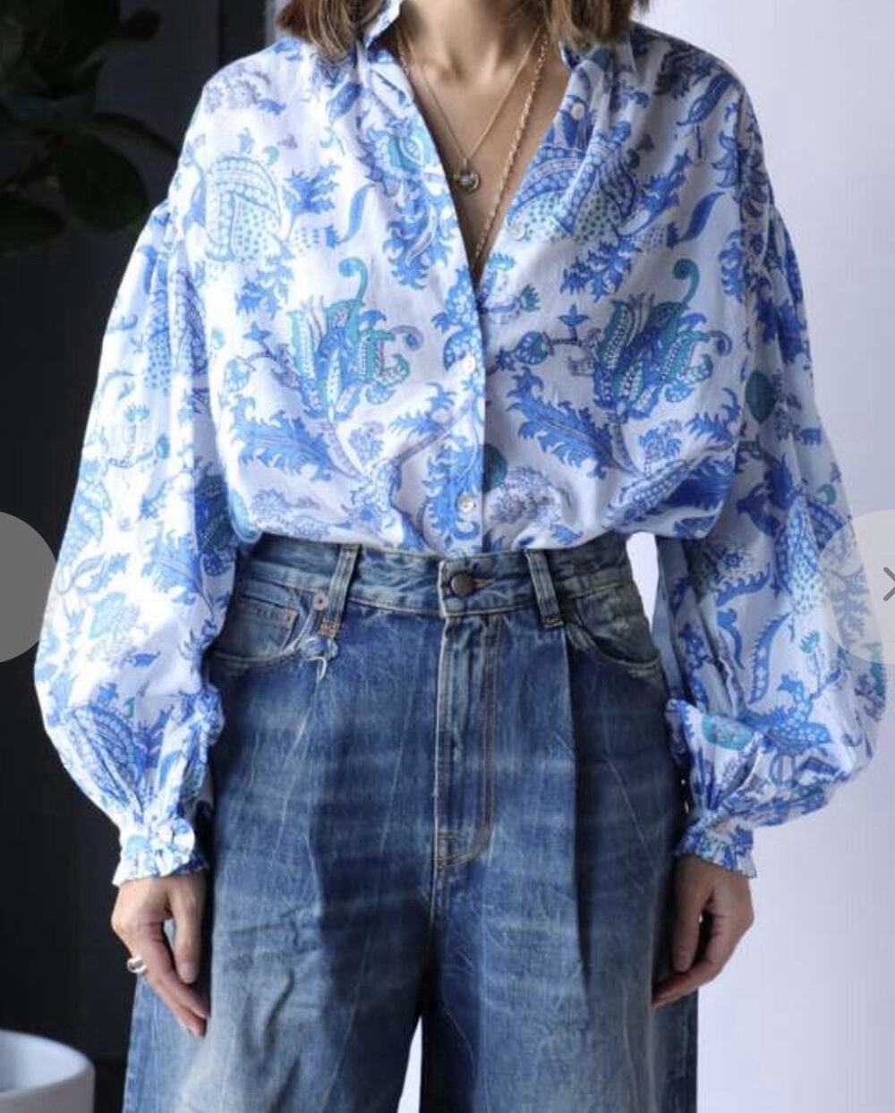 Alix Of Bohemia Poet Mossy Blouse White Blue Print Size Medium
